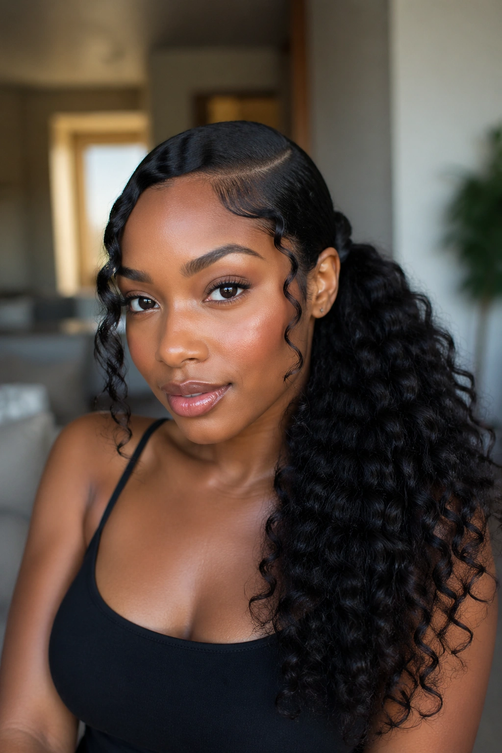 Real woman with a deep side-part ponytail.