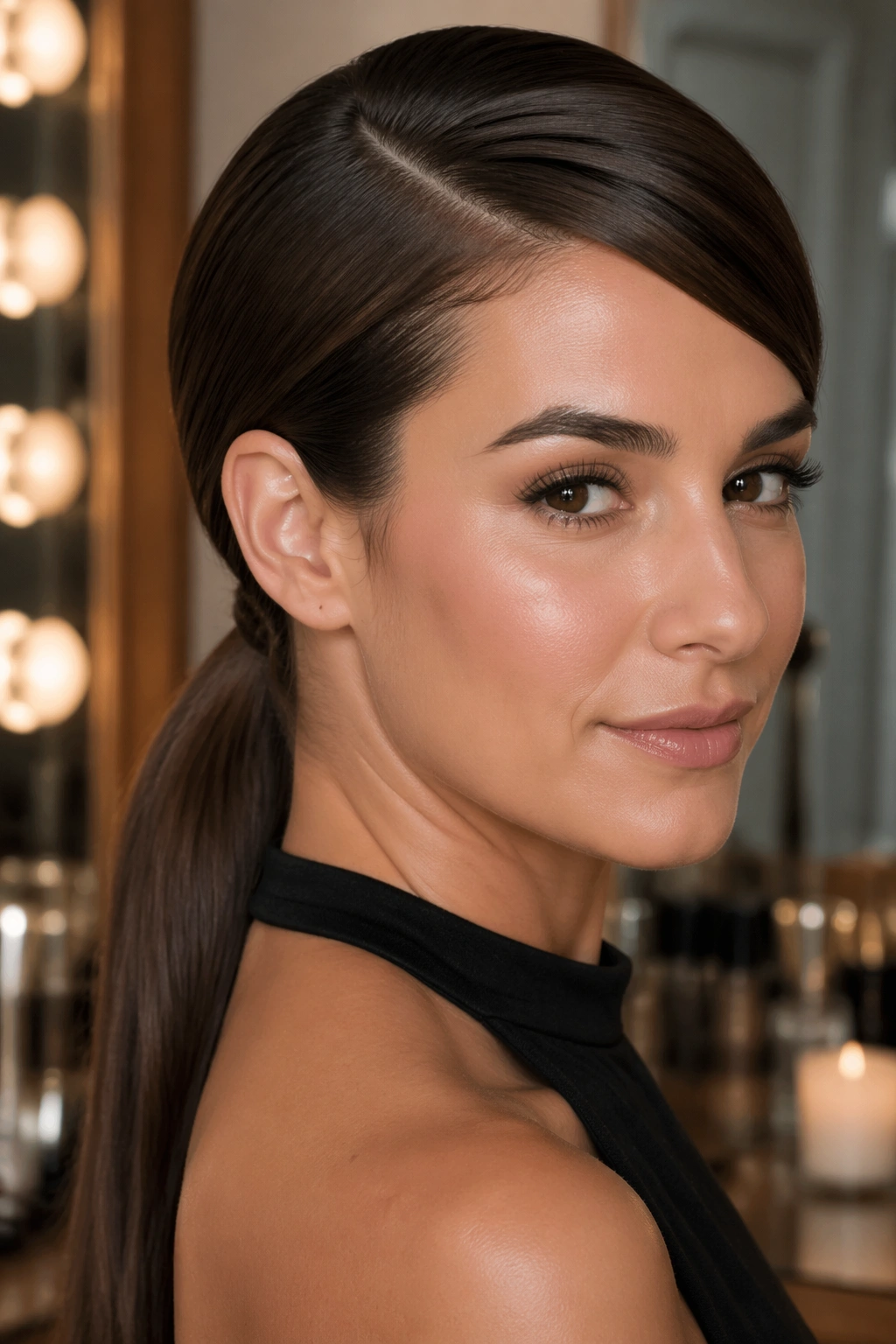 Close-up of a real woman with a deep side-part low ponytail, side-parted hair and a neat low ponytail at the nape.