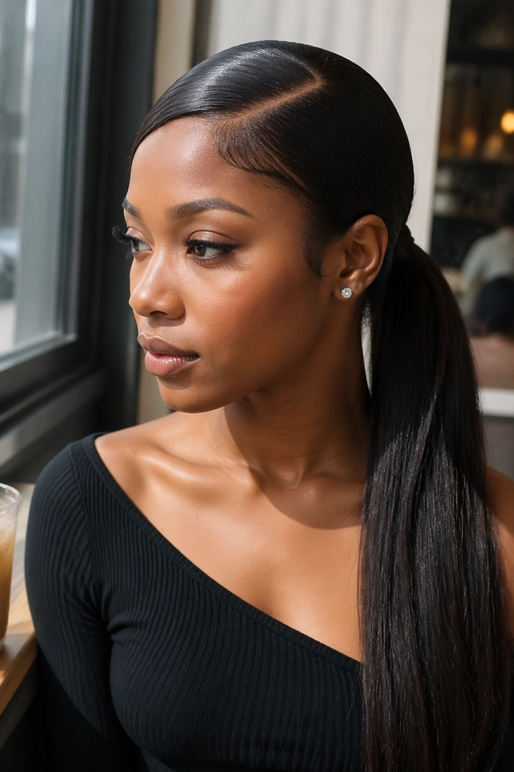 Close-up of a real woman with a deep side part and sleek ponytail in natural cafe daylight