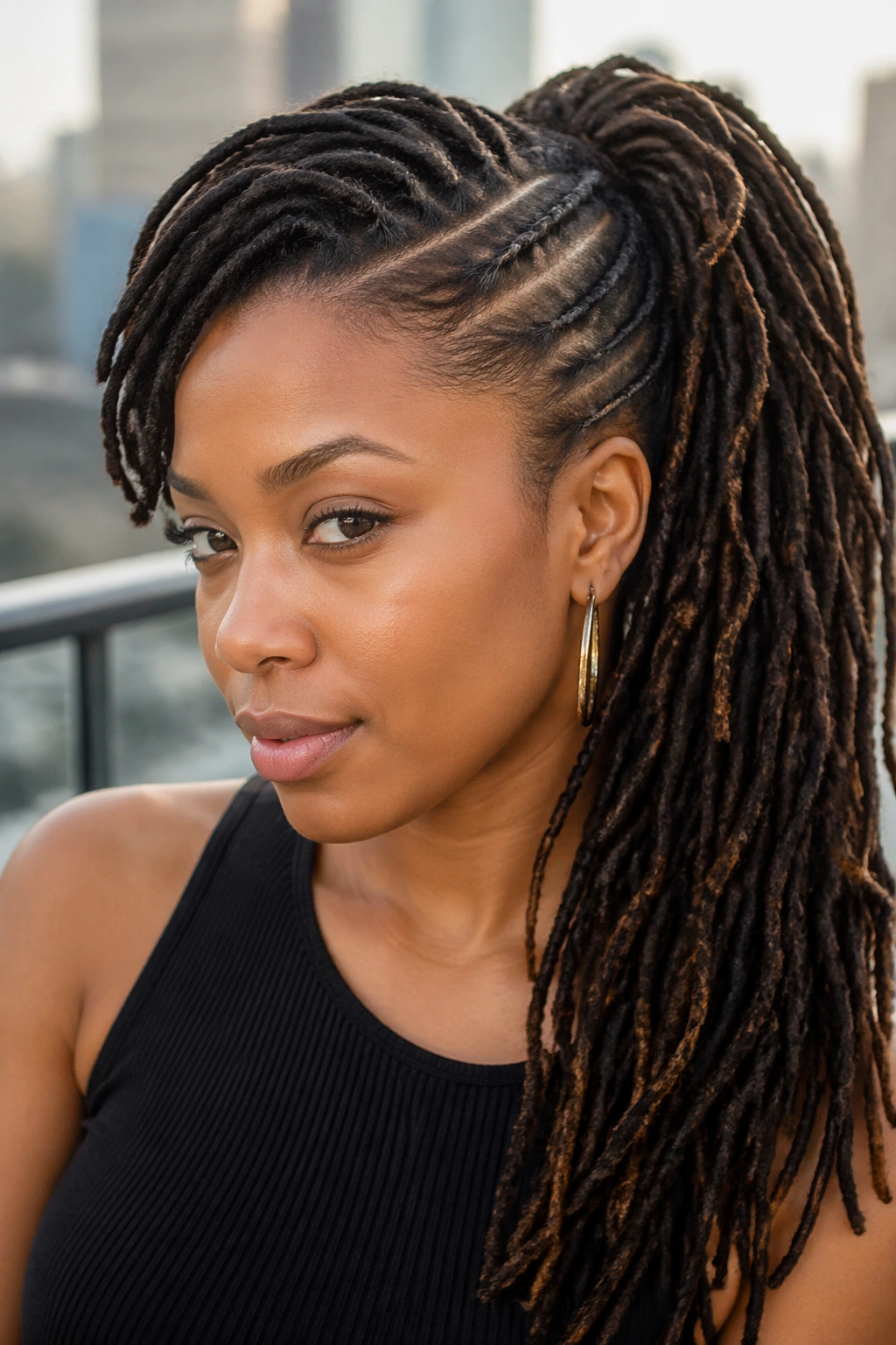 Close-up of real woman with long locs in a deep side-part ponytail outdoors on a balcony