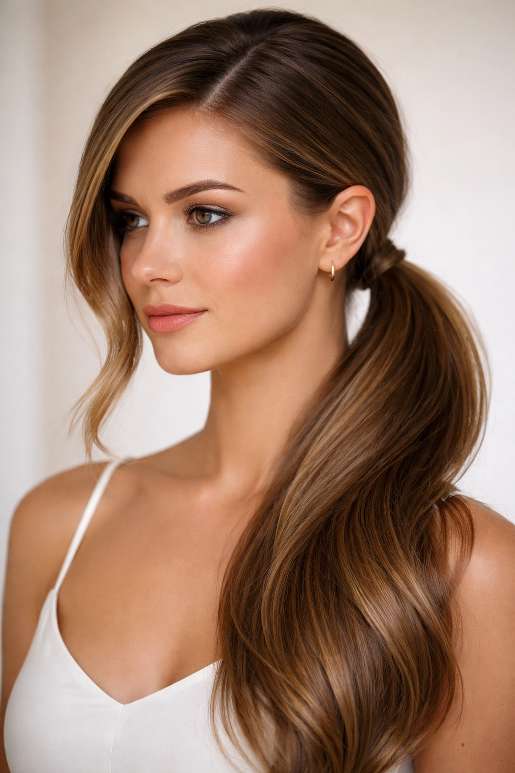 Close-up of long hair with a deep side part and low ponytail