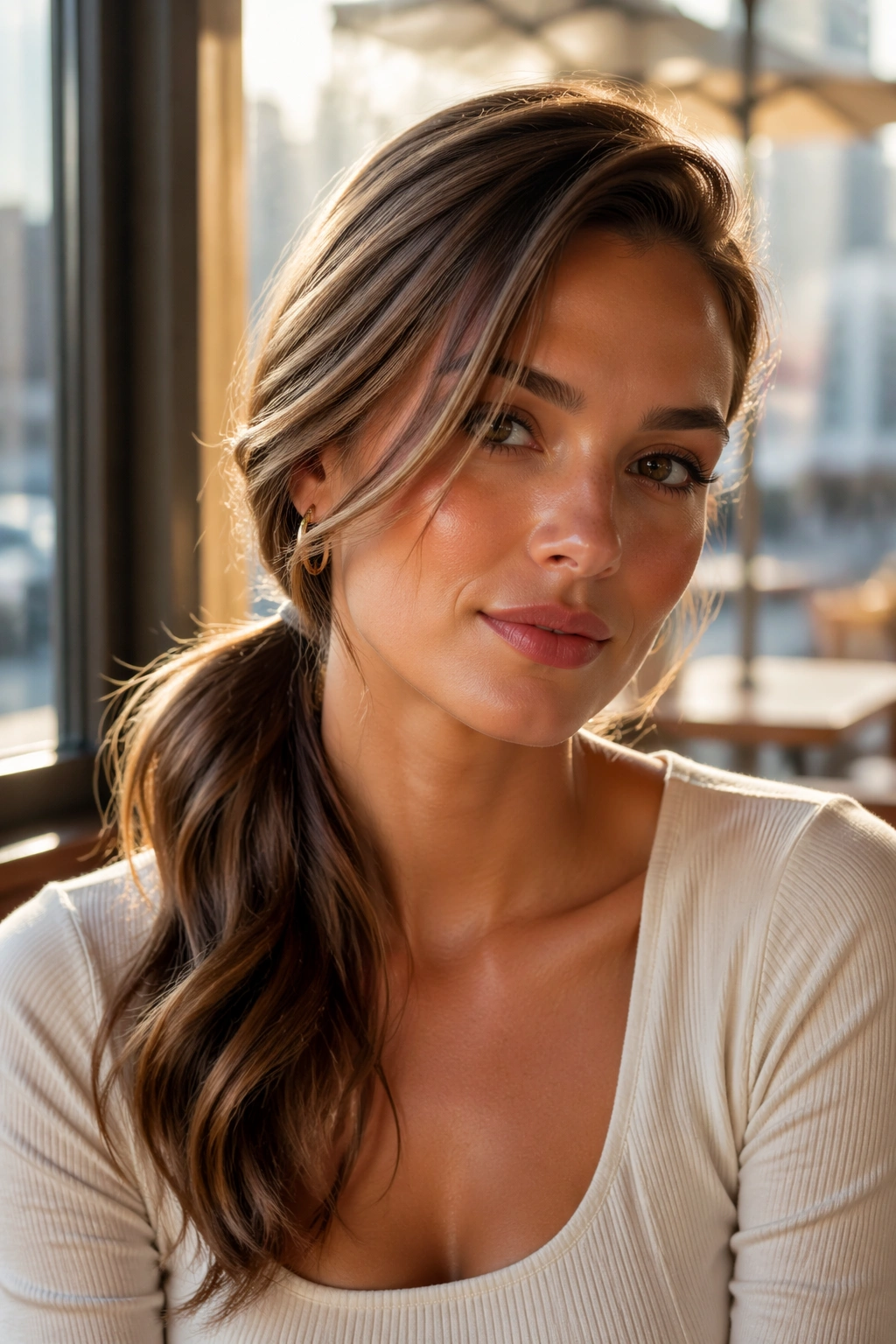 Close-up of a real woman with a deep side-part low ponytail and soft waves