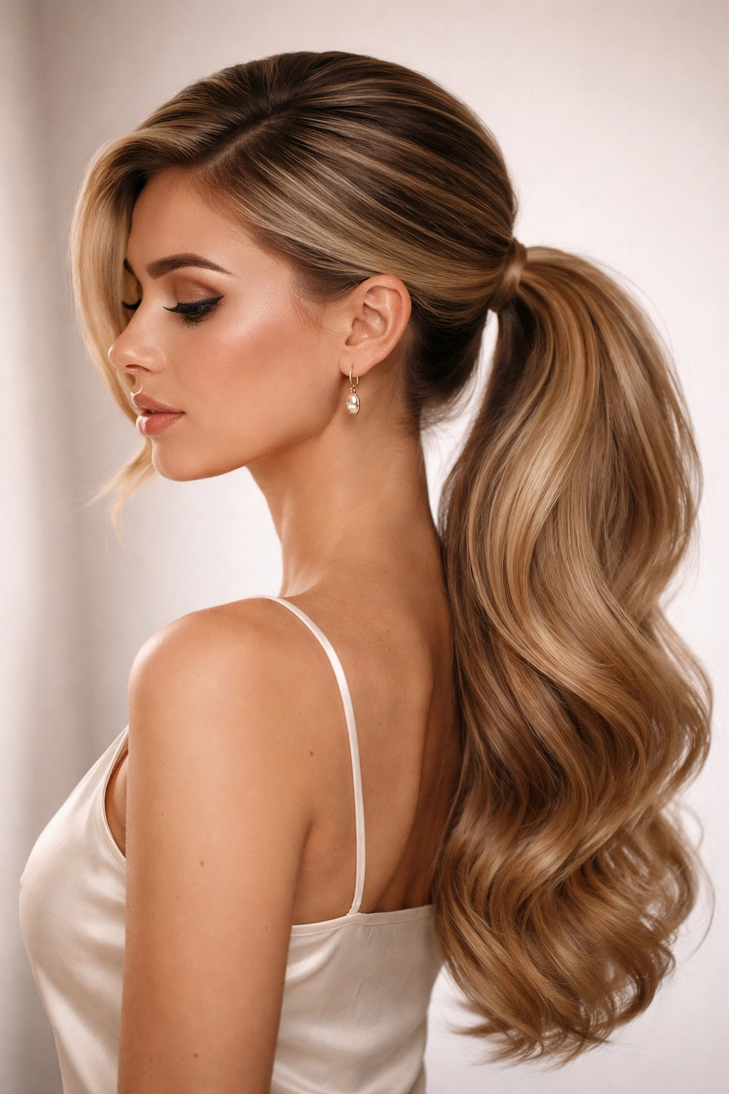 Deep side-part volume ponytail with crown lift