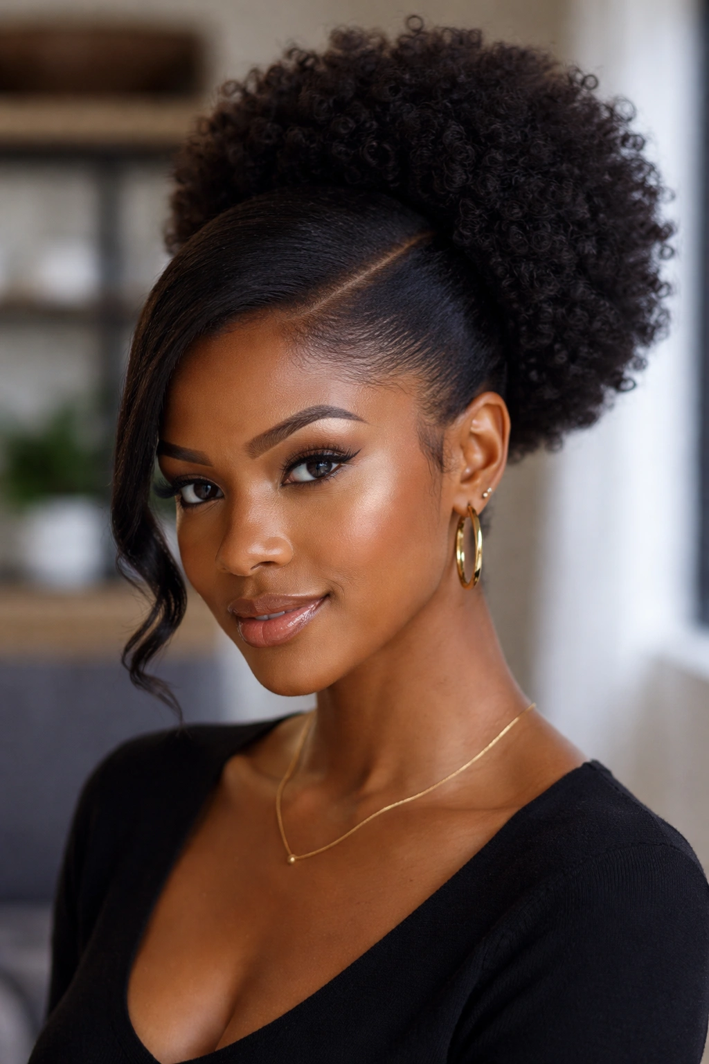 Portrait of a woman with a deep side part and puff behind for a sophisticated look