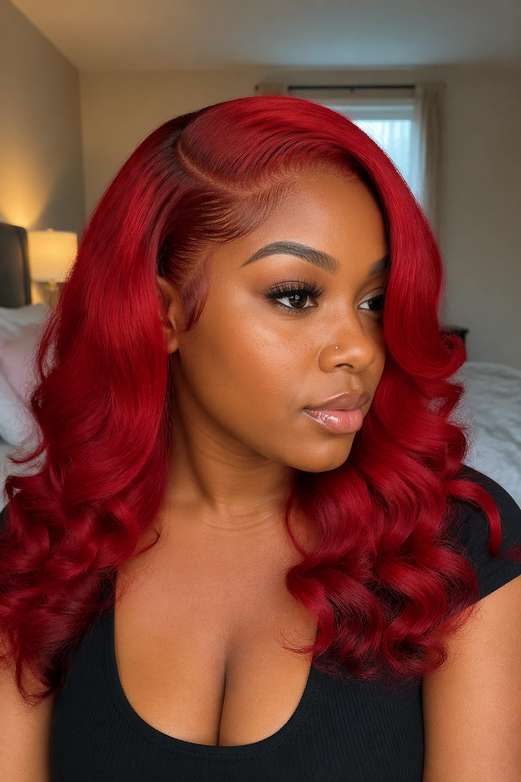 Close-up of a real person wearing a deep-side-part red lace-front wig with curling frames.