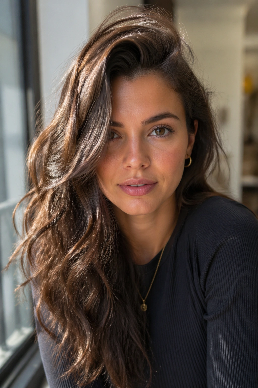 Portrait of a woman with deep side part and root lift.