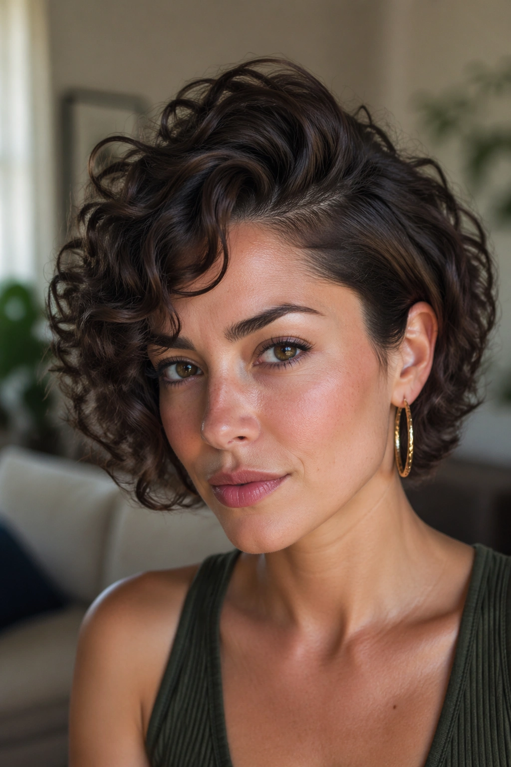 Close-up portrait of a real woman with a deep side part and 90s root lift in short curls