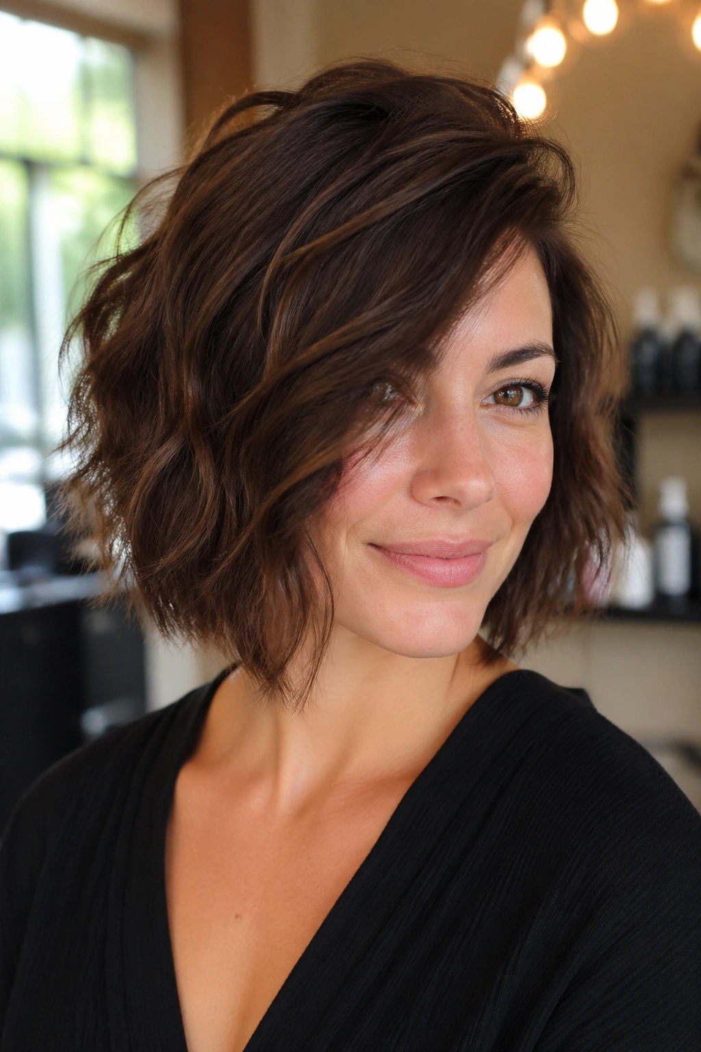 Close-up of a real woman with a deep side-part shag bob under warm window light