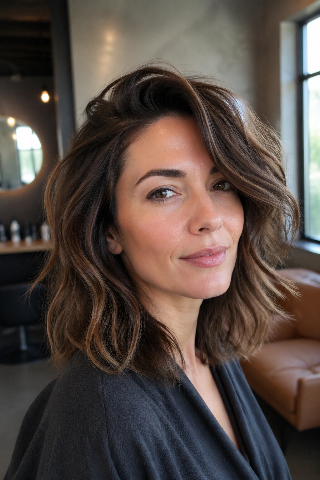 Close-up of a real woman with deep side-part shag and lifted crown.