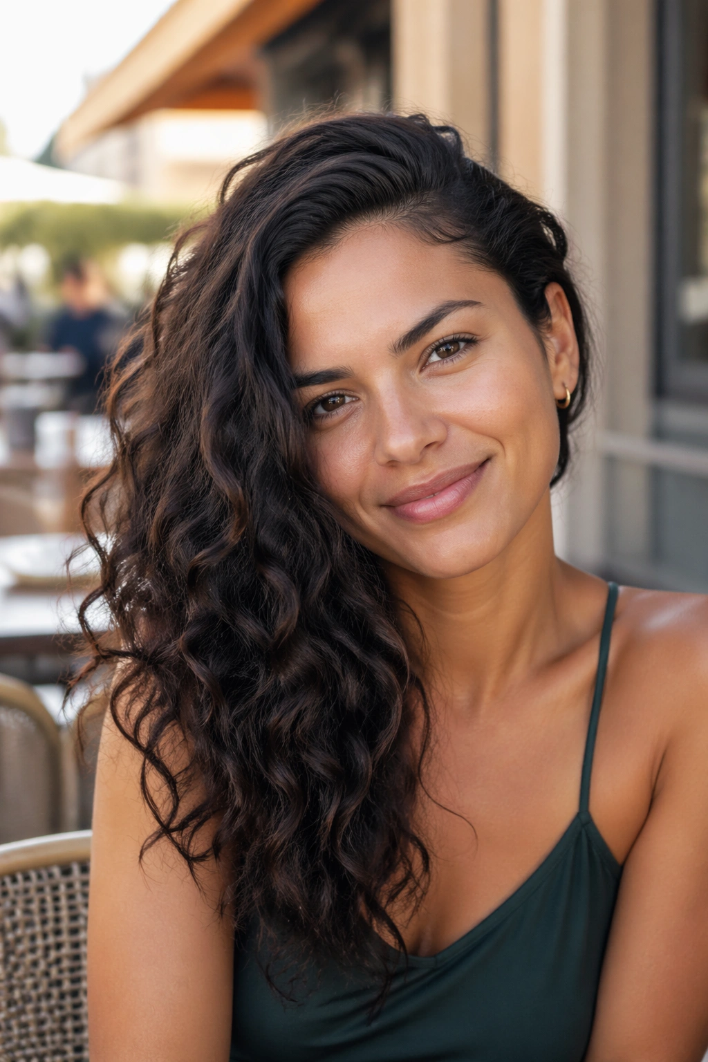 Close-up of real woman with deep side part and side-swept lengths in 2c curls