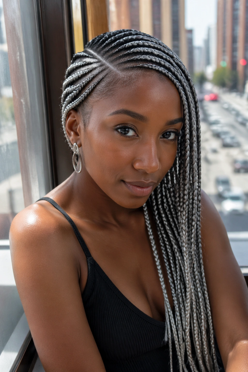 Real person with deep side-part silver cornrows in an asymmetric style.