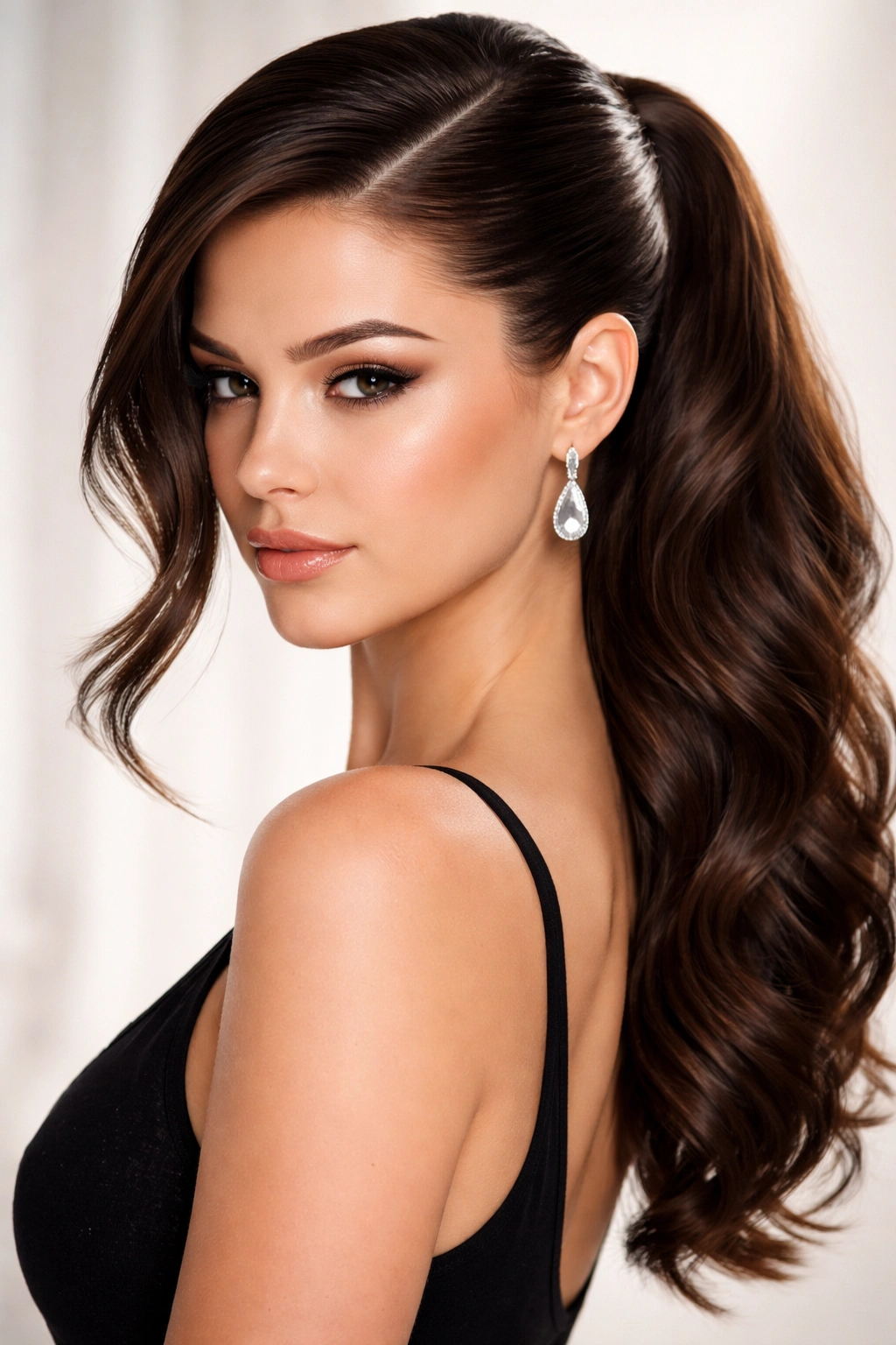 Deep side part with sleek ponytail and smooth sides