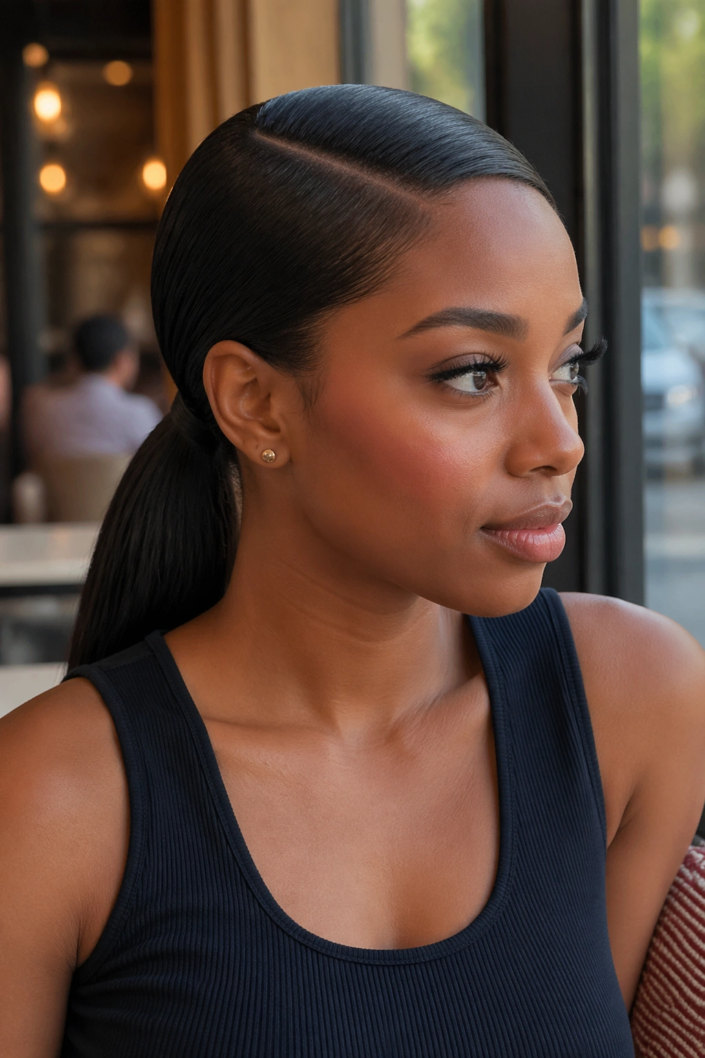 Portrait of a real woman with a deep side-part sleek ponytail in warm daylight