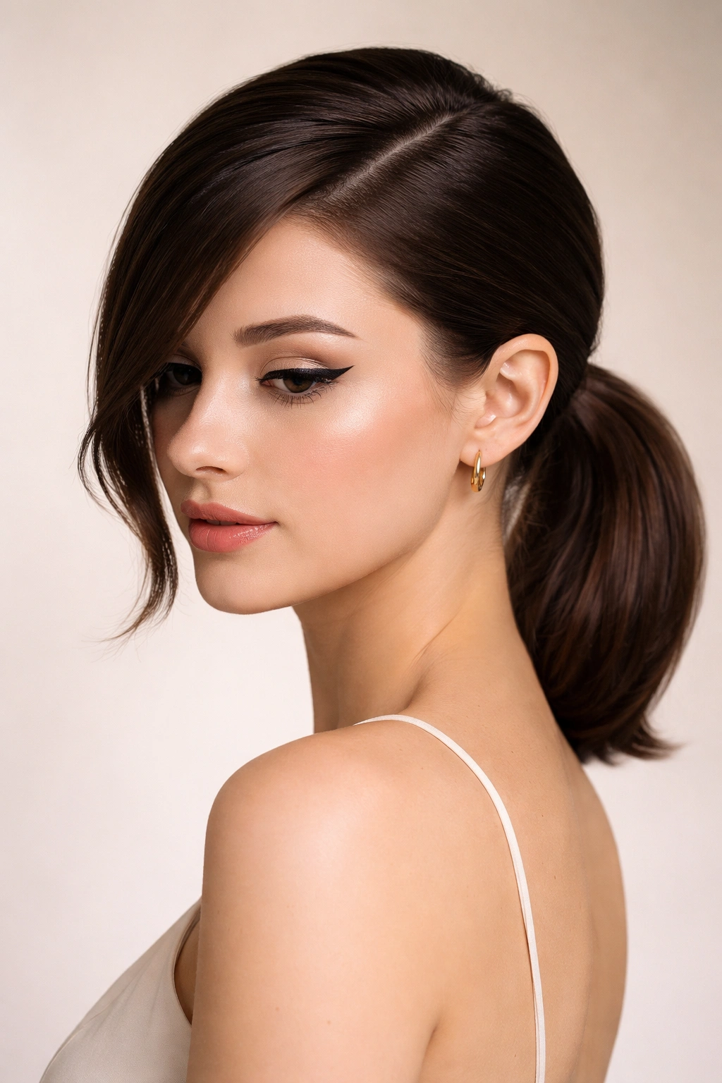 Three-quarter view of deep side-part sleek low ponytail on short hair