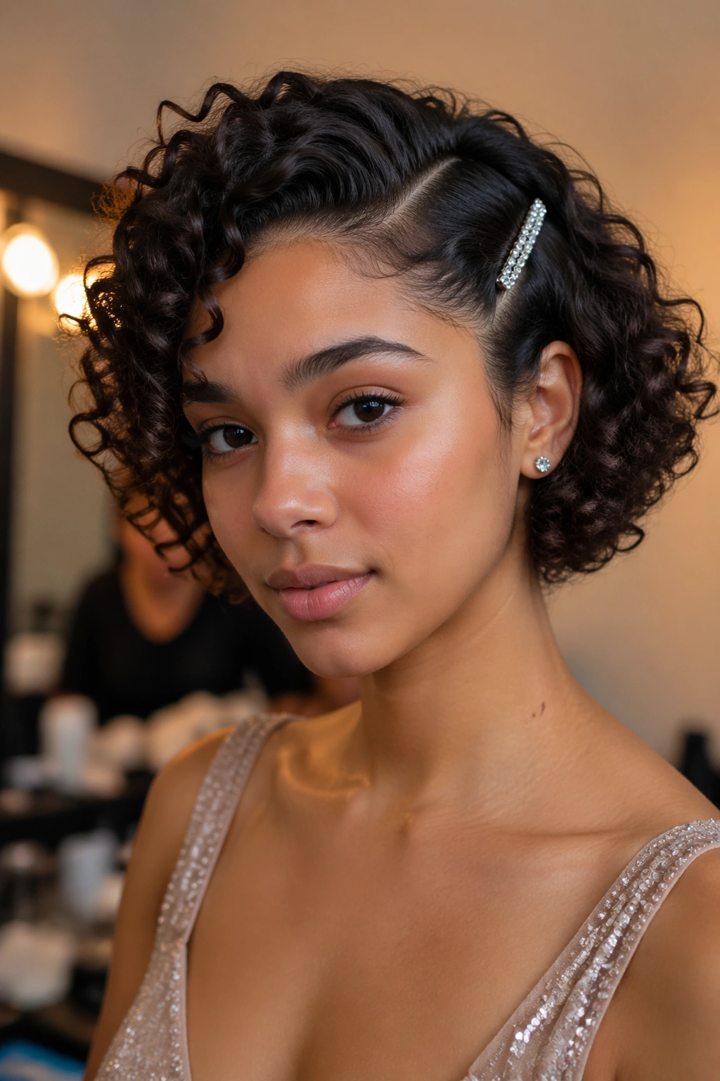 Close-up of a real person with a deep side part and sparkly clip in short curly hair