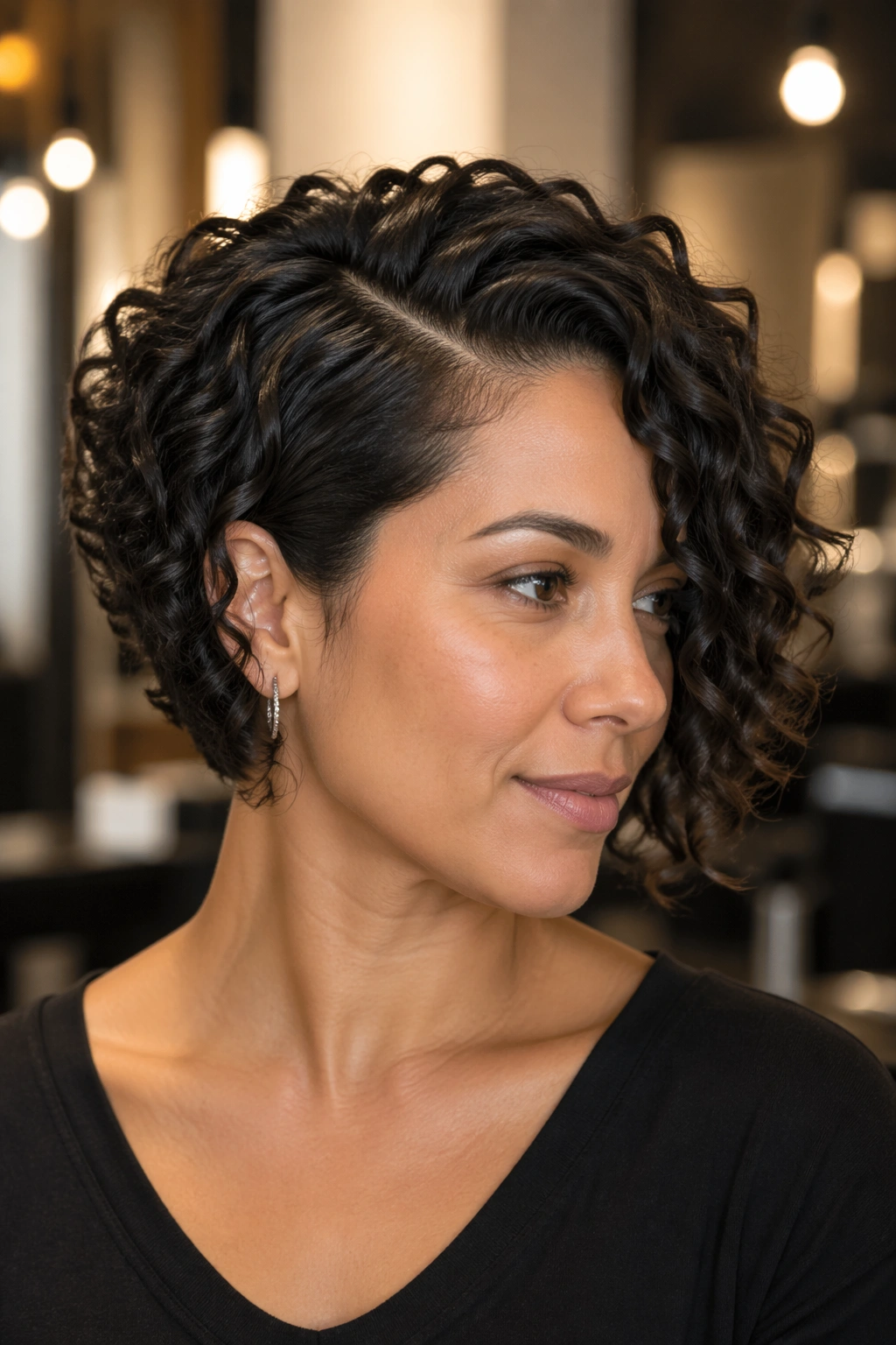 Close-up portrait of a real woman with a deep side part stacked bob and crown volume.