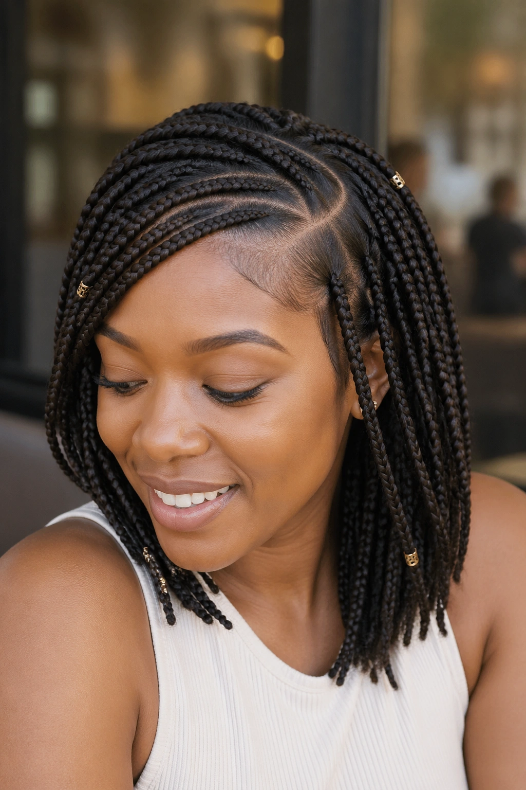Real woman with deep side part and swept front braids in natural light