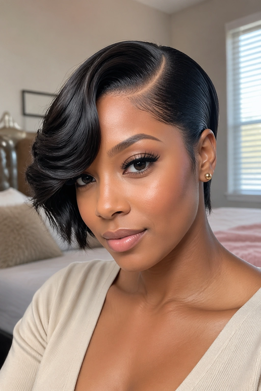 Close-up of a real woman with a deep side part and slick crown on short hair, natural window light.