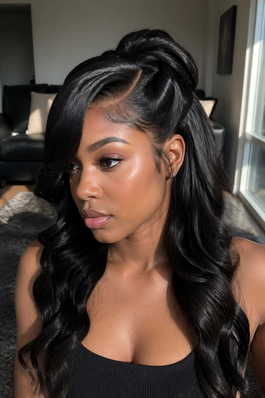 Portrait of a woman with a deep side part and swooped front in half-up half-down style.