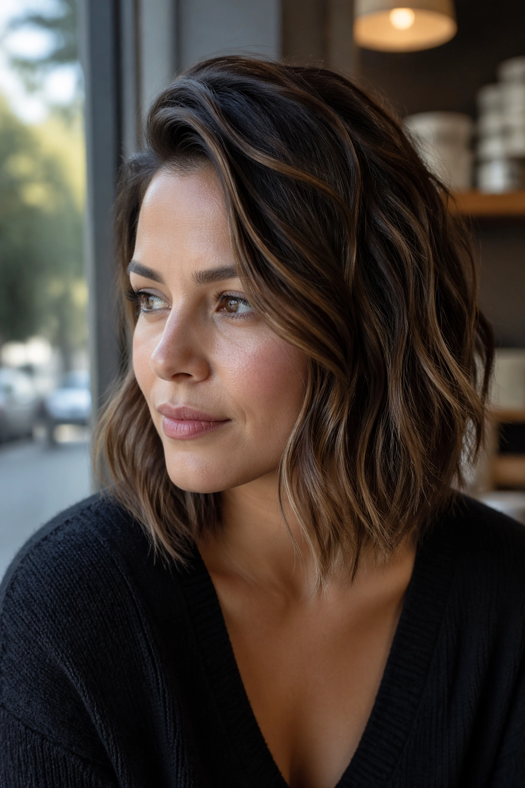 Close-up portrait of a real woman with a deep side-part textured lob