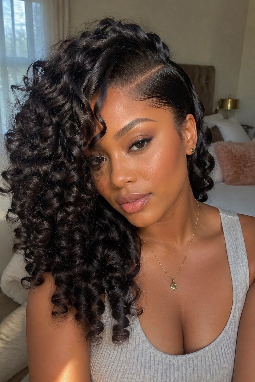 Close-up of a real woman with a deep side part wand curls