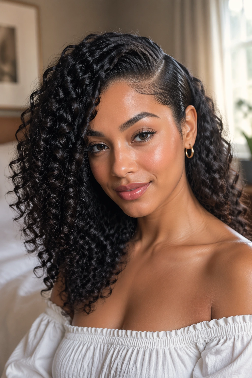 Close-up portrait of a real woman with a deep side-part wash-and-go curls framing the face