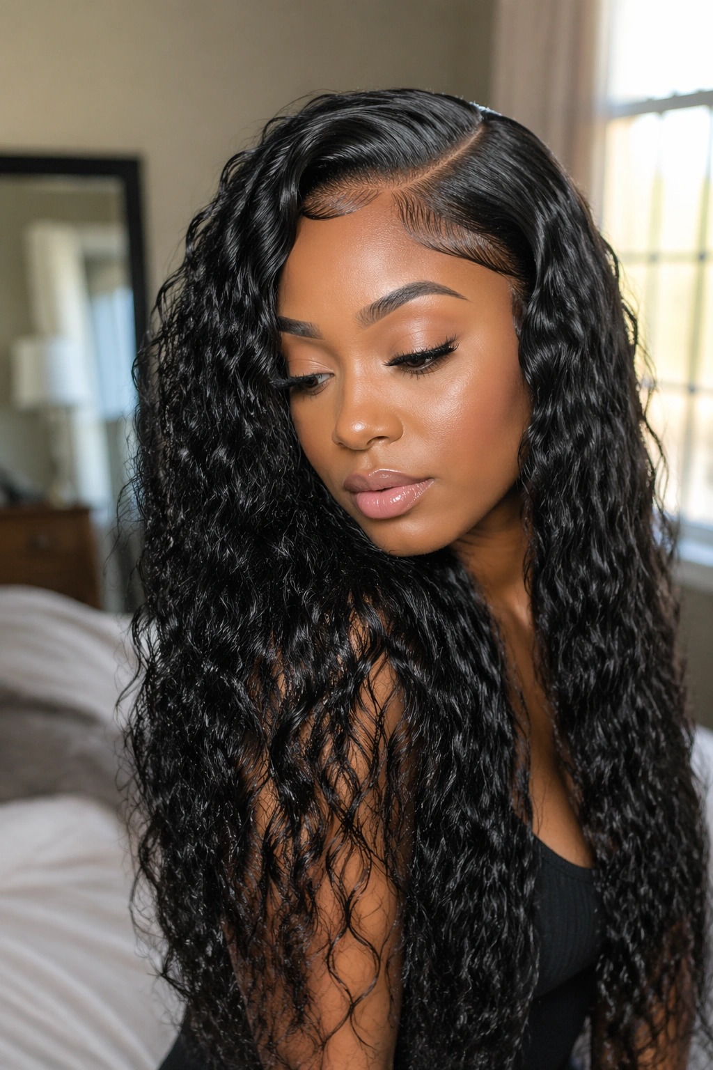 Close-up of a woman's head showing a deep side part and water-wave curls with a slim leave-out.