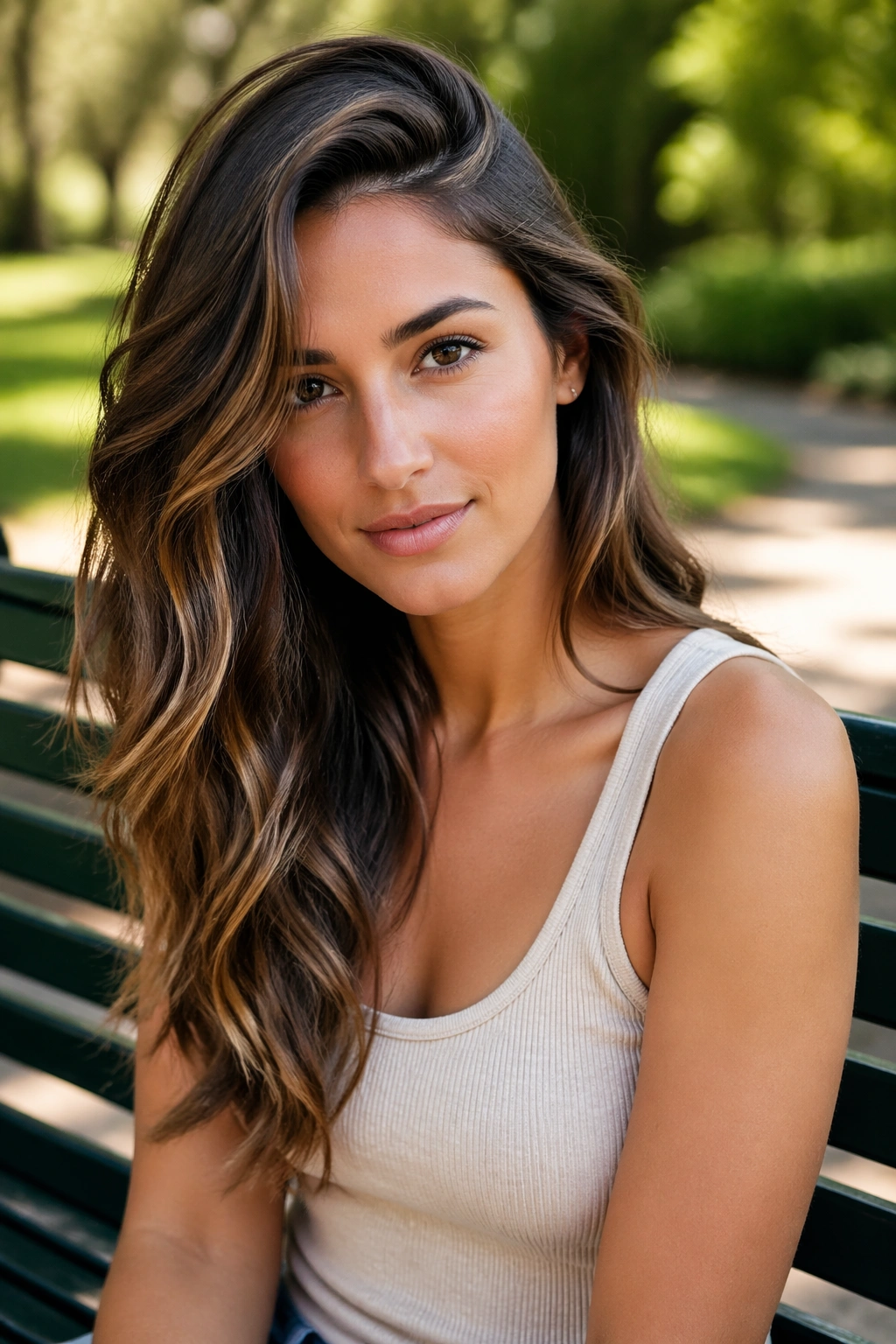 Close-up of deep side part with long waves on a real woman.