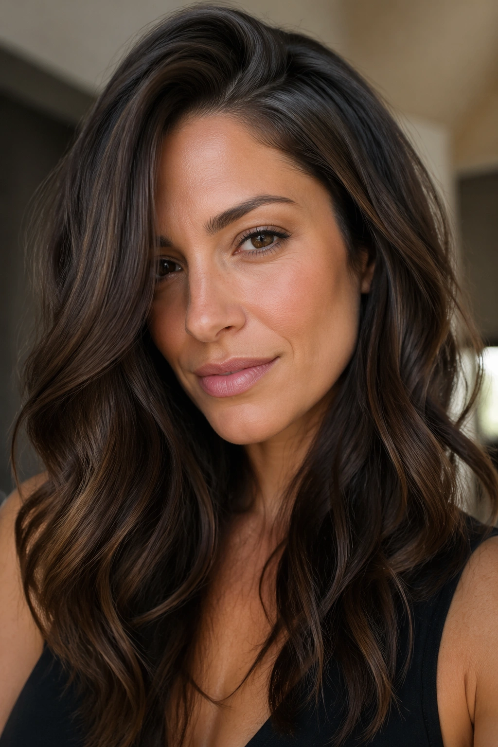 Close-up portrait of a real woman with deep side-part brunette waves