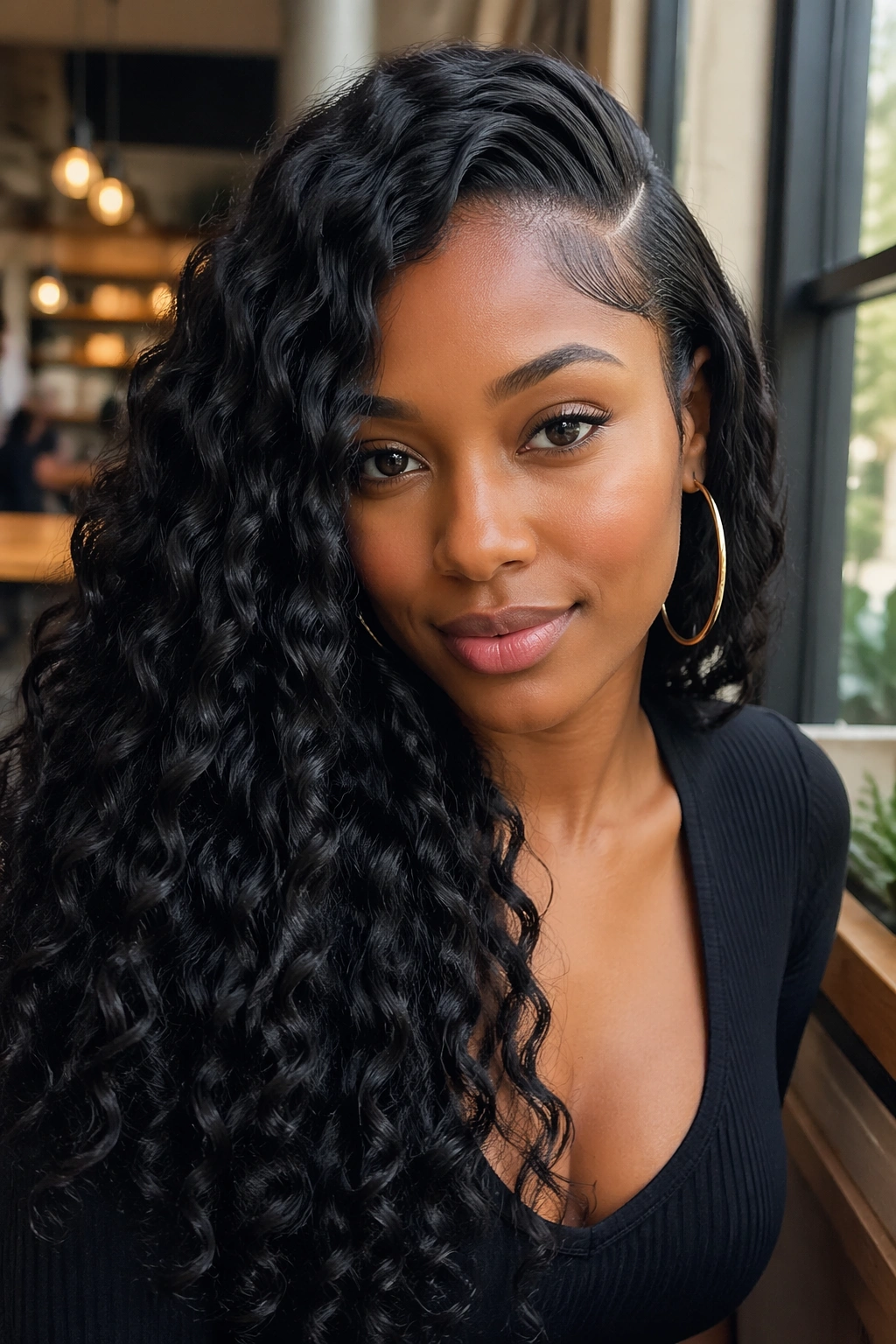 Close-up portrait of a real woman with a deep side-part crochet wave hairstyle at a cafe window.