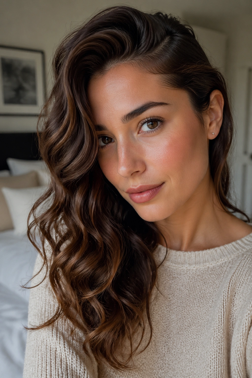 Close-up of a real woman with a deep side-part and waves in a natural window-lit bedroom