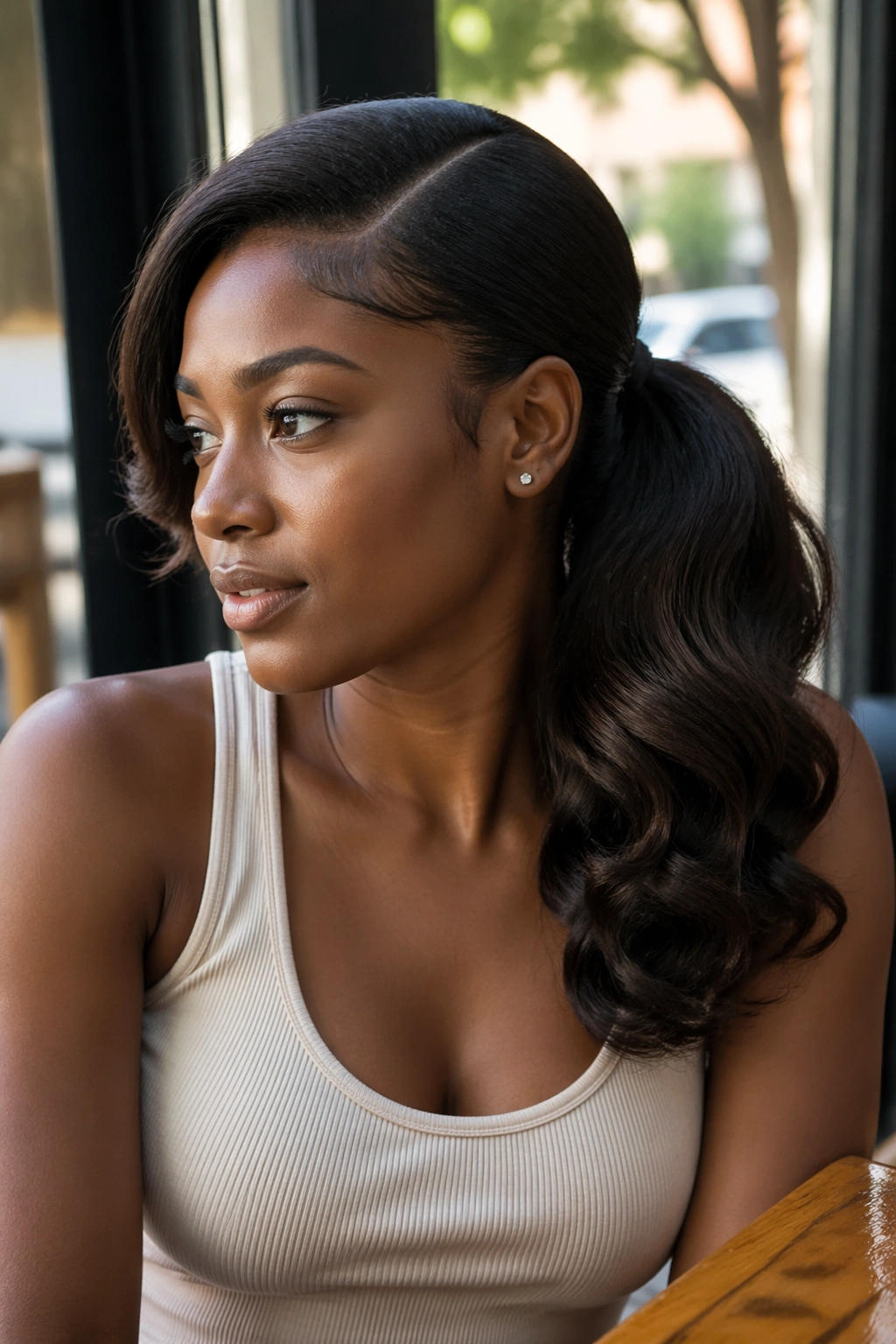 Close-up of deep side part with waves in a ponytail on a real person