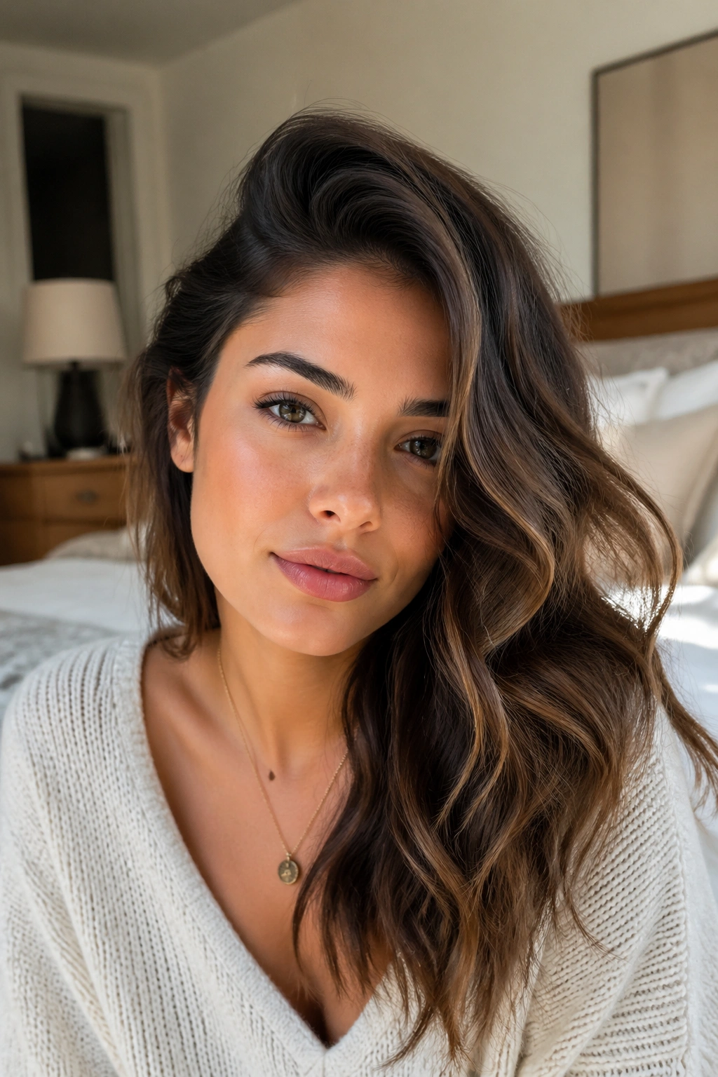Close-up portrait of a real woman with a deep side part and loose brushed waves in a softly lit bedroom