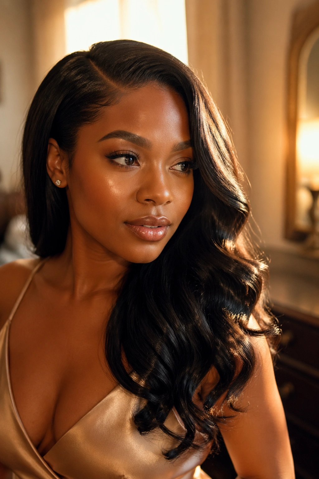 Portrait of a woman with a deep side part and flowing waves on silk-pressed hair
