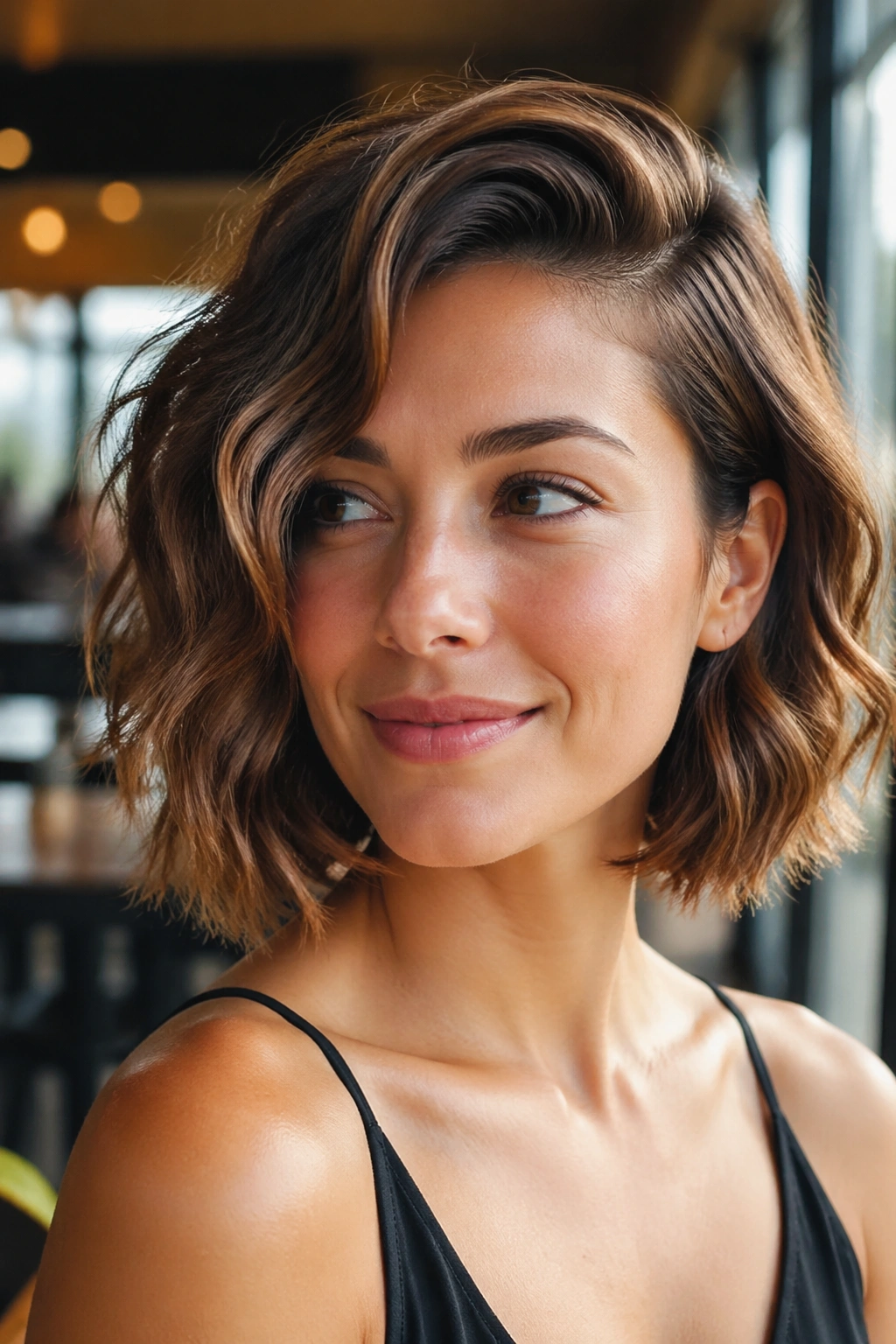 Real woman with deep side-part wavy bob in a cafe setting