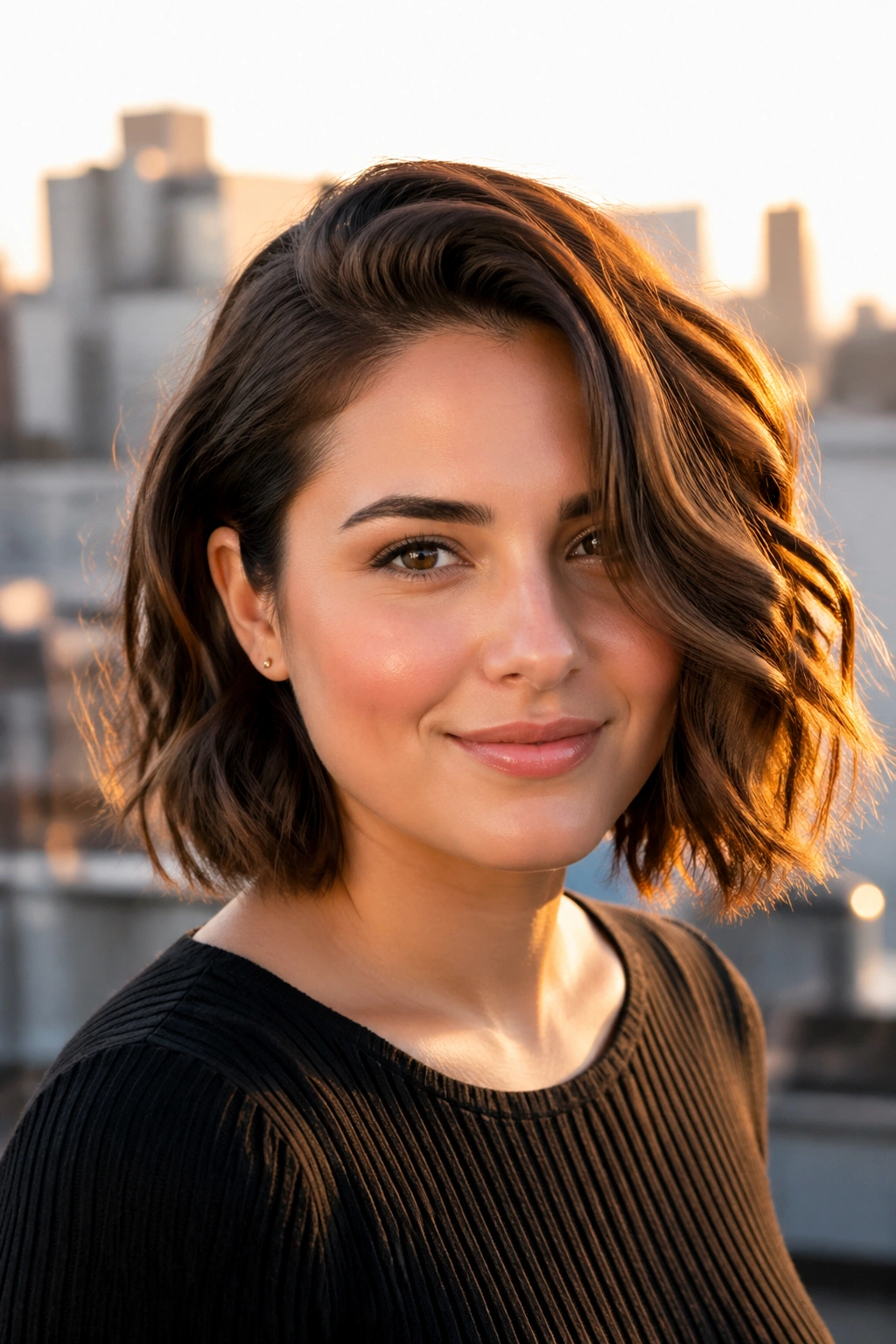 Close-up of real woman with deep side-part wavy bob on round face