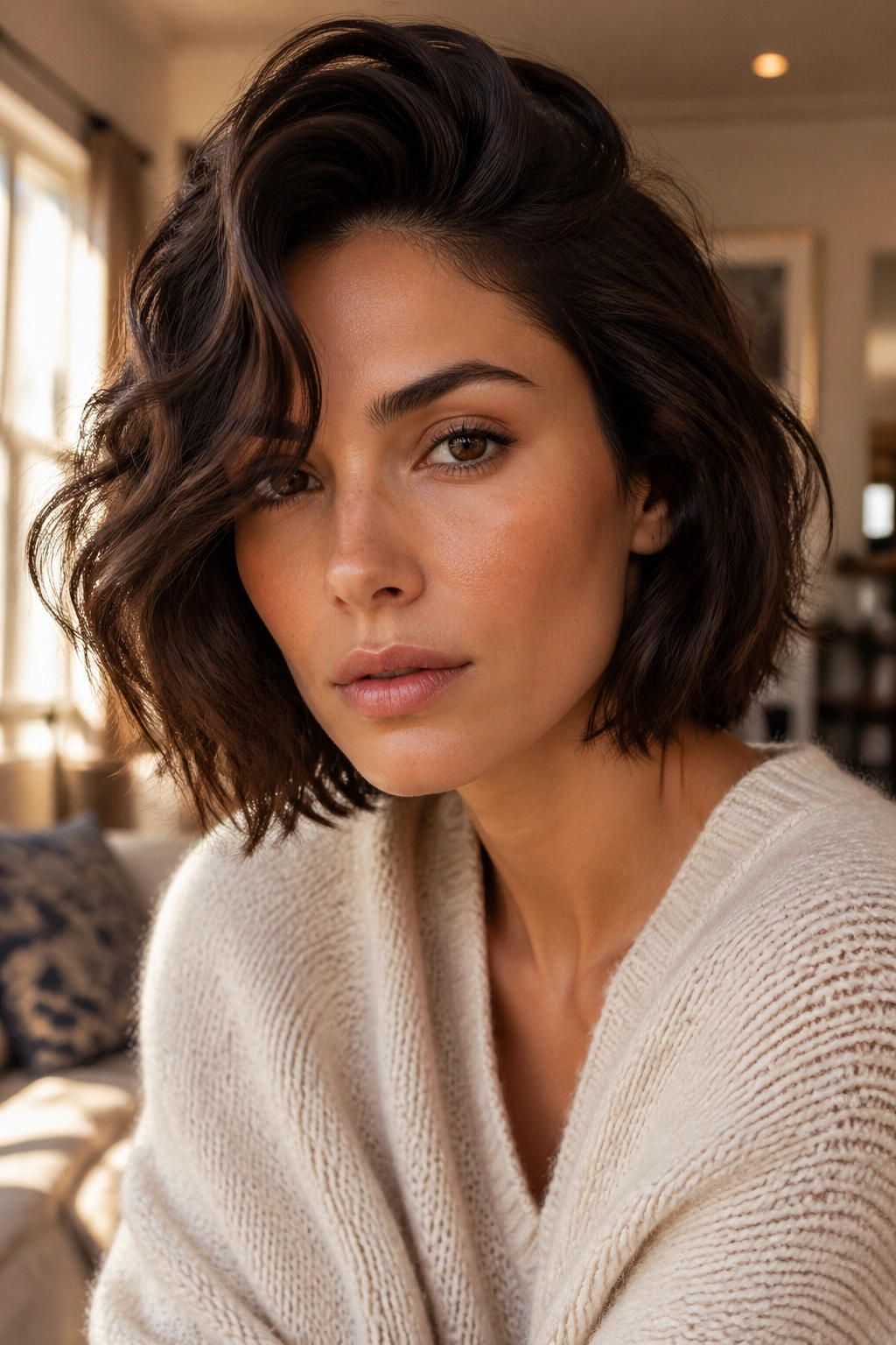 Close-up of a woman with a deep side-parted bob and 2C waves