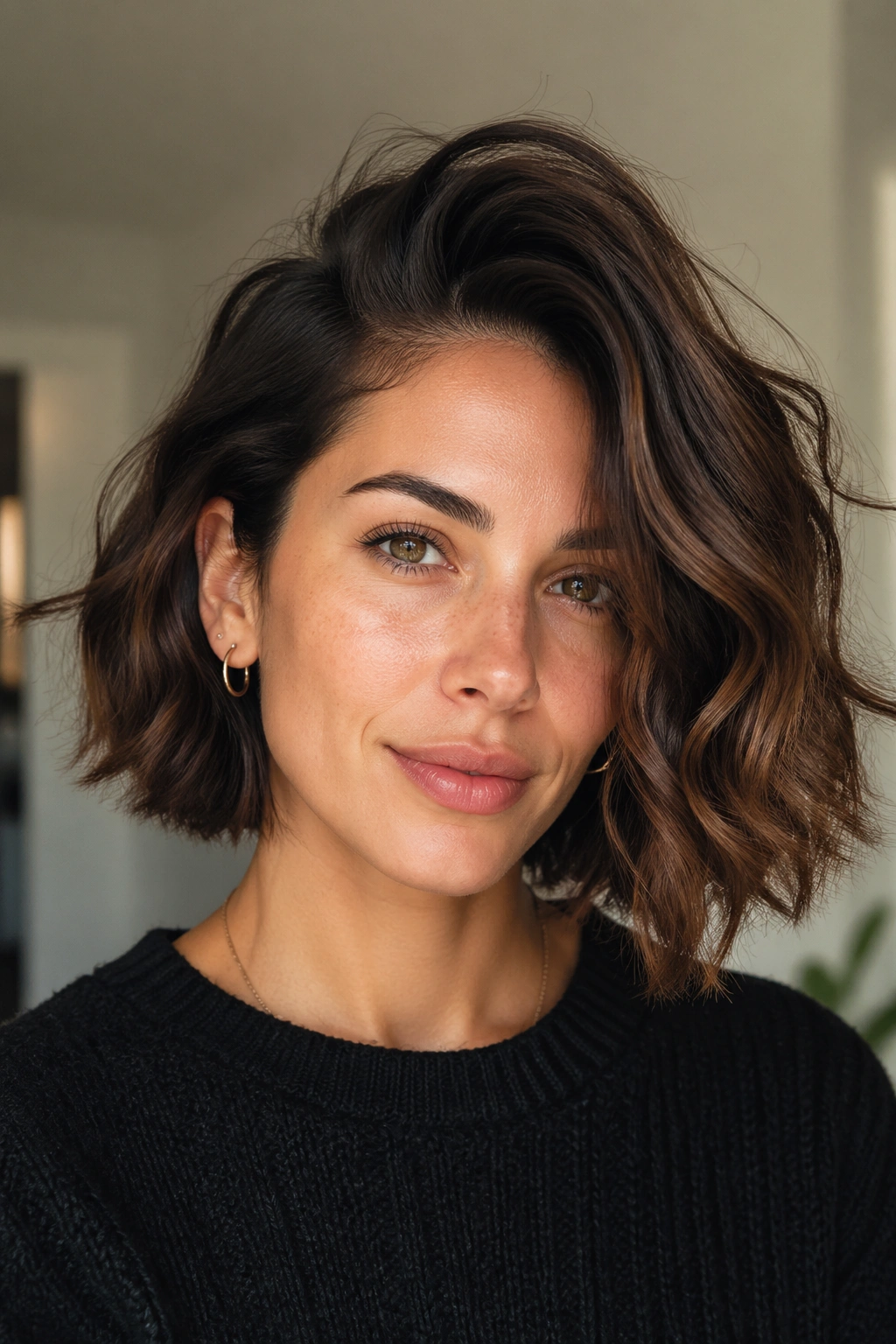 Close-up of a real woman with a deep side-parted wavy bob and lifted roots
