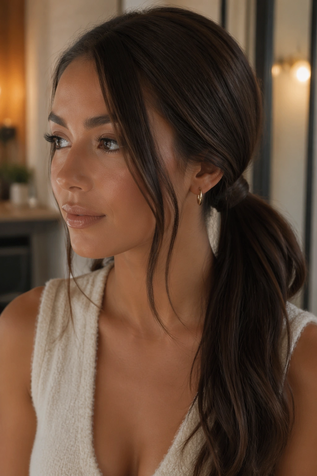 Close-up portrait of a real woman with a deep side ponytail and loose face pieces