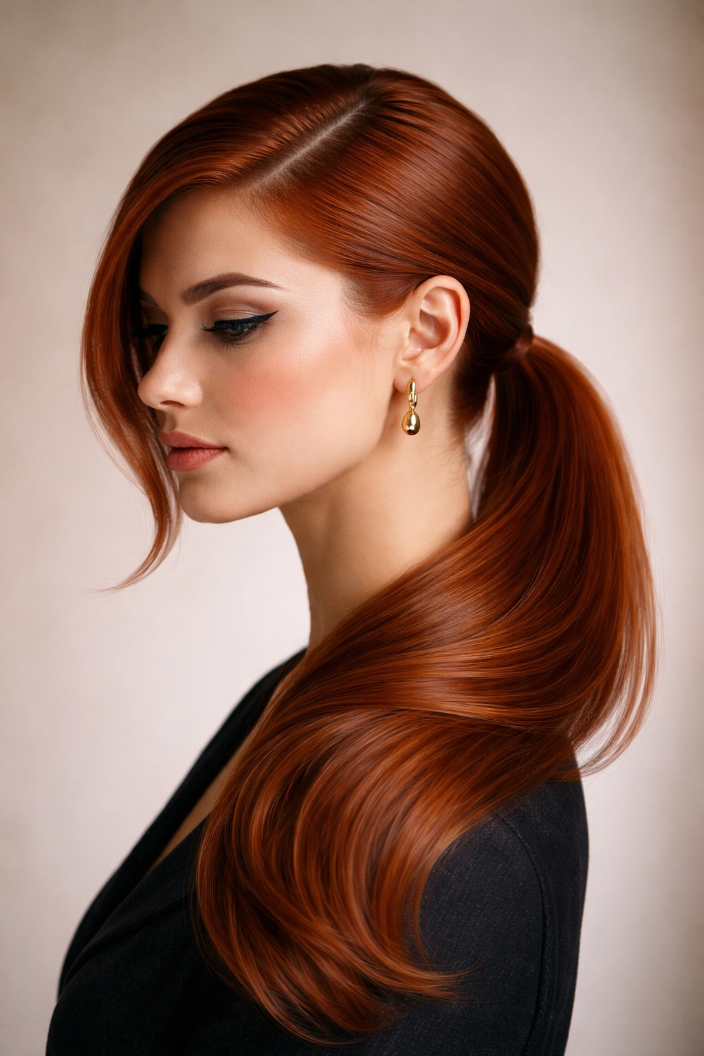 Side view of a deep-side, low ponytail on ginger hair