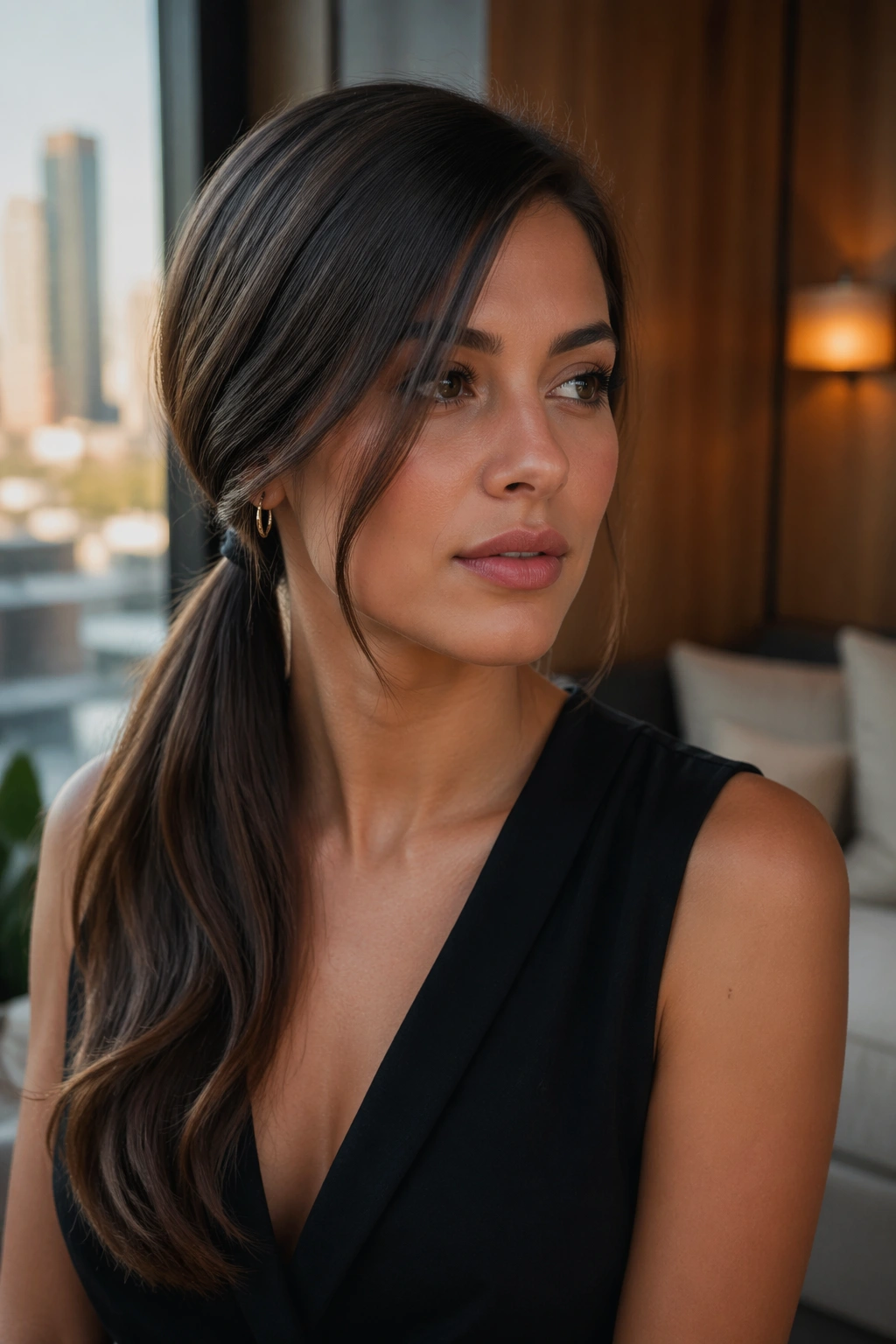 Real woman with a deep side ponytail resting over the shoulder in warm light