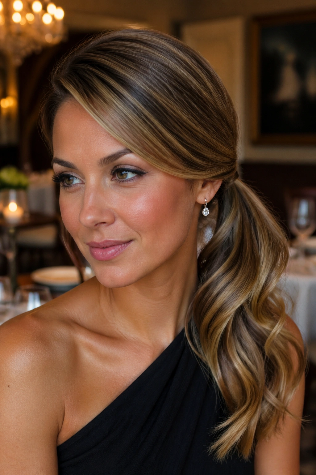 Close-up of a real woman with a deep side ponytail draping over the shoulder