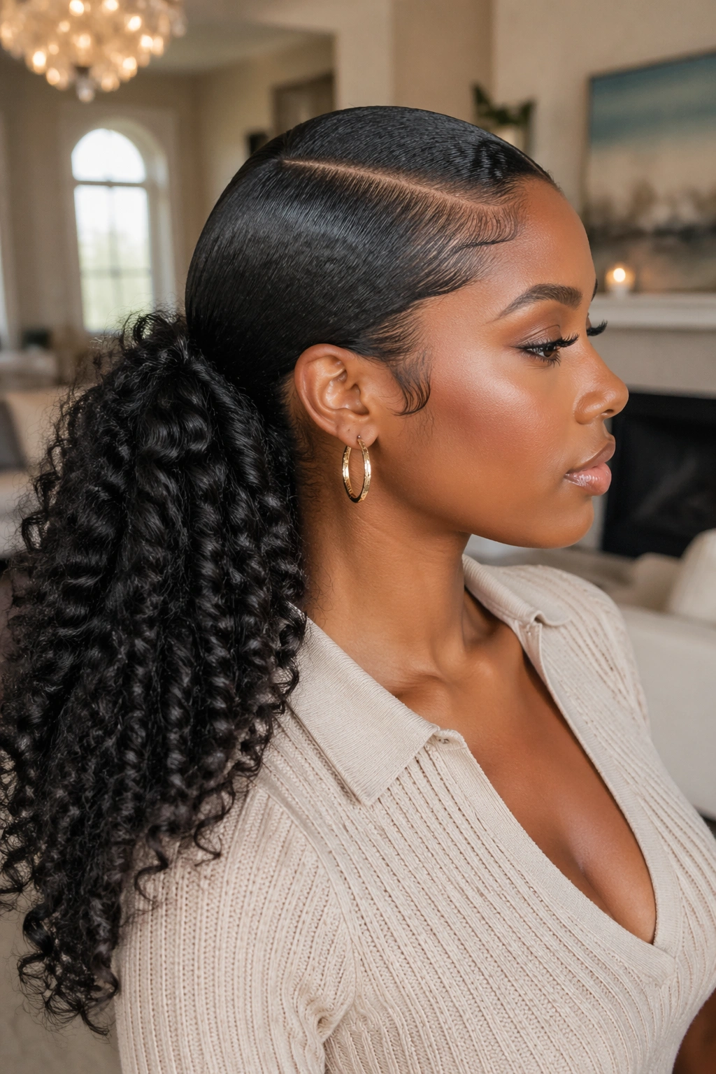 Profile shot of deep side ponytail with polished roots on a real woman