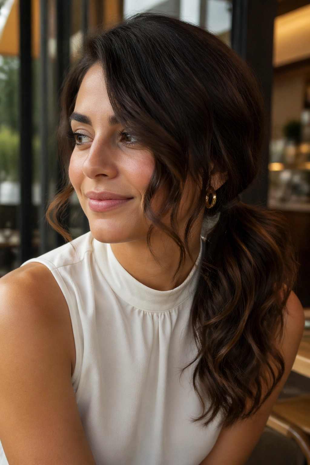 Medium close-up of a real woman with a deep side ponytail by a café window