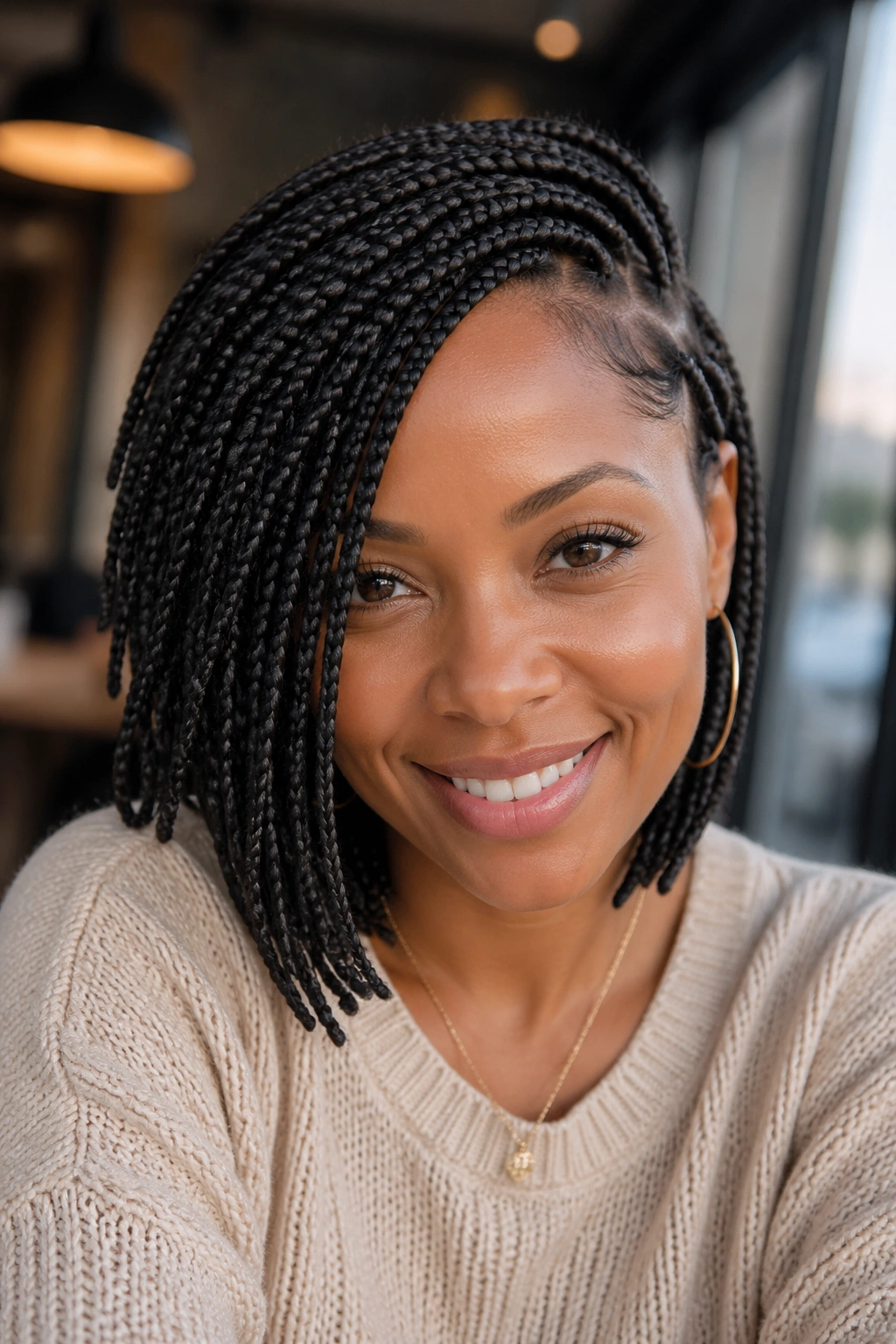 Close-up of a woman with deep-side-swept short box braids under soft daylight