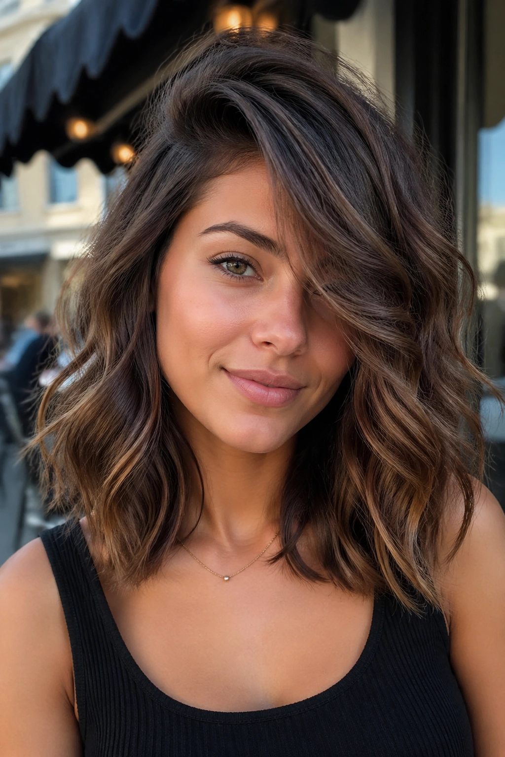 Portrait of a real woman with shoulder-length wavy butterfly cut and deep side sweep in cafe light.