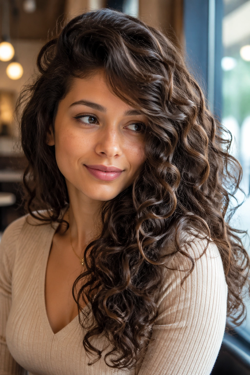 Real woman with long curly layered hair and a deep side sweep