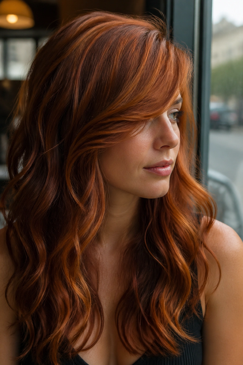 Close-up of deep side-swept bangs with long copper red ends