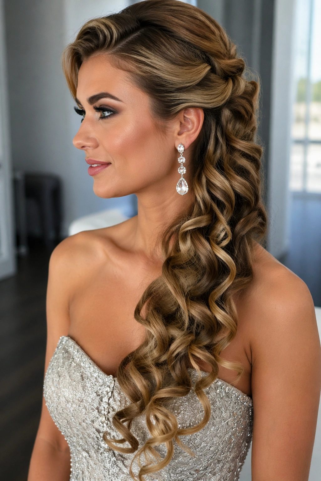 Profile view of deep side-swept curls cascading over one shoulder