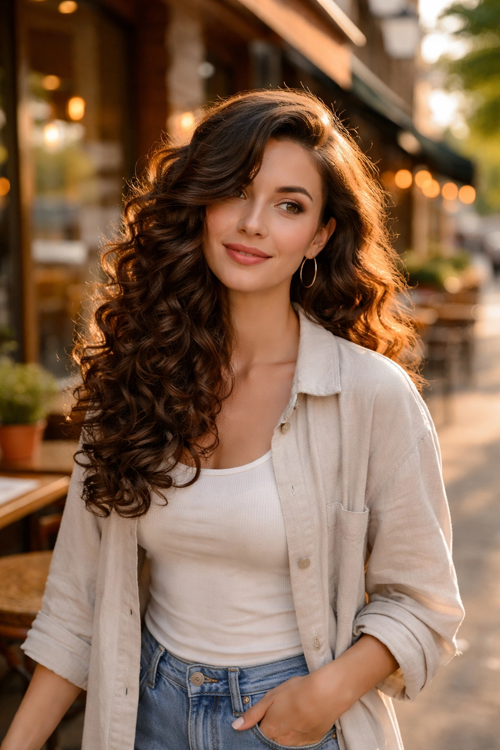 Deep side-swept curls along a sunlit street scene